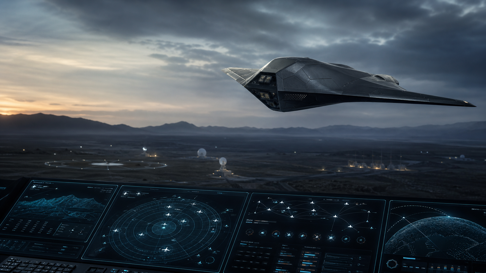 Advanced unmanned aircraft above a command dashboard